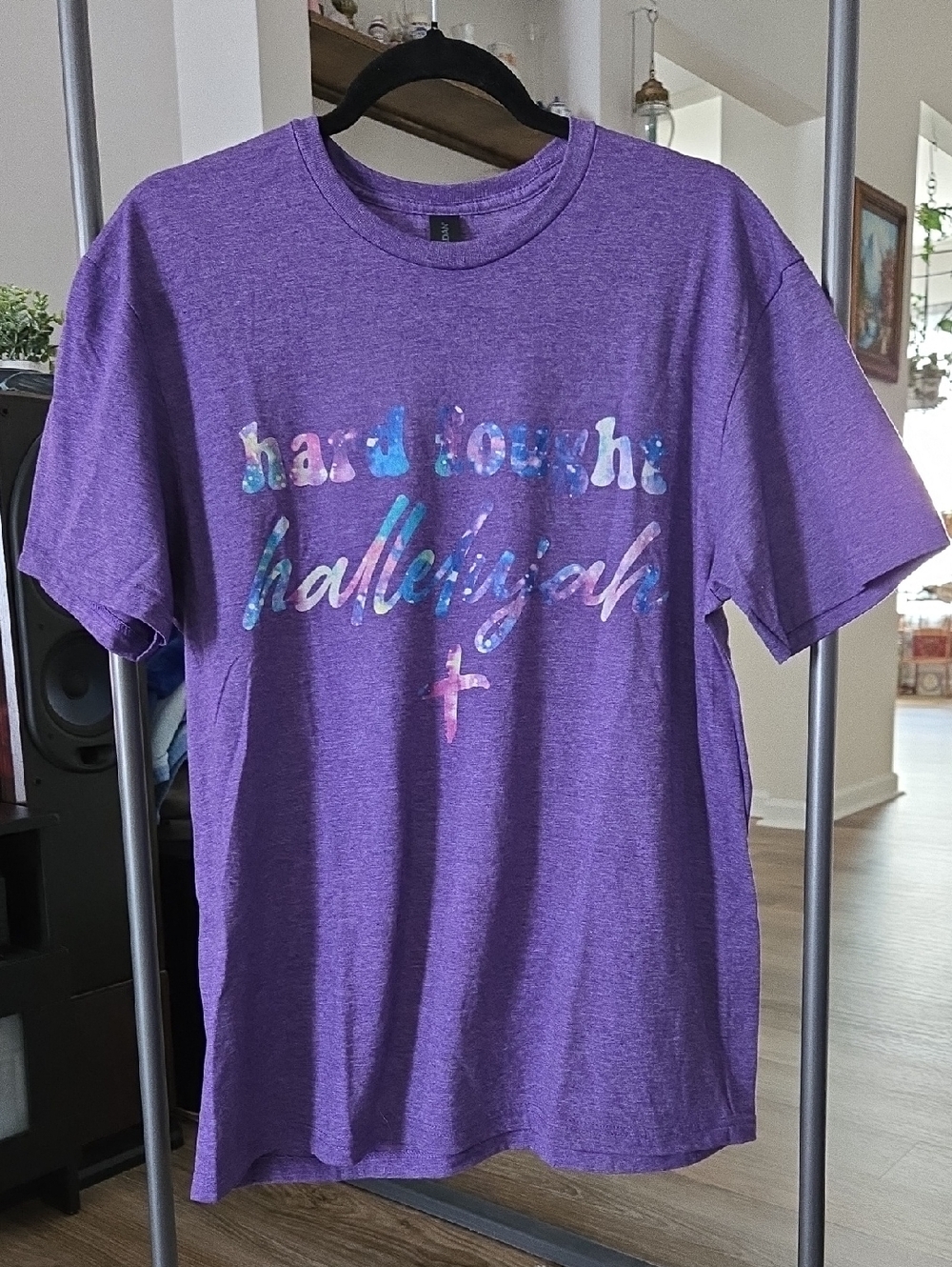 Purple Short Sleeve Tee With "Hard Fought Hallelujah" Quote